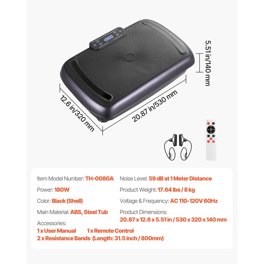 Black Berry Charmz vibration plate exercise machine with remote and two resistance bands, showing the whole body vibration platform.