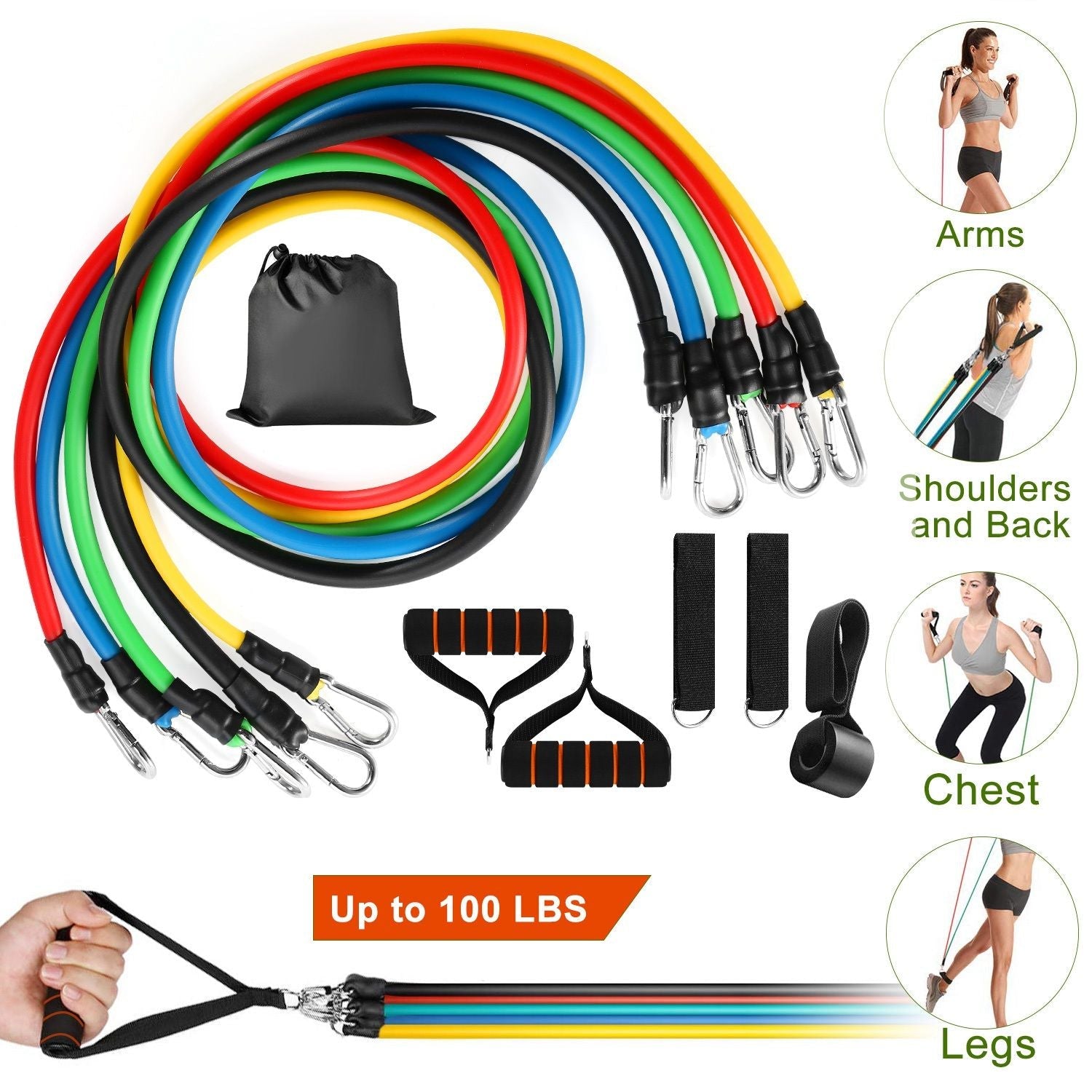 Berry Charmz 11-piece resistance bands set with door anchor handles and ankle straps for fitness, yoga, and Pilates workouts.