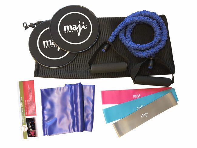 Berry Charmz fitness bundle with workout accessories, including resistance bands, water bottle, and exercise towel on a white background.