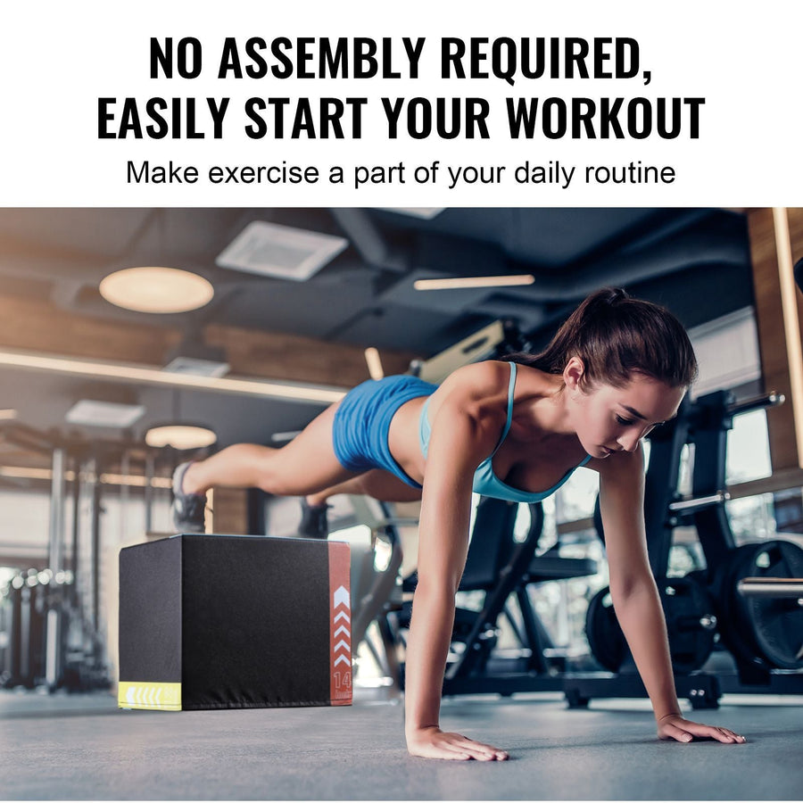 Black 3-in-1 plyometric jump box with anti-slip surface, 12, 14, and 16-inch heights for agility and strength training at home.