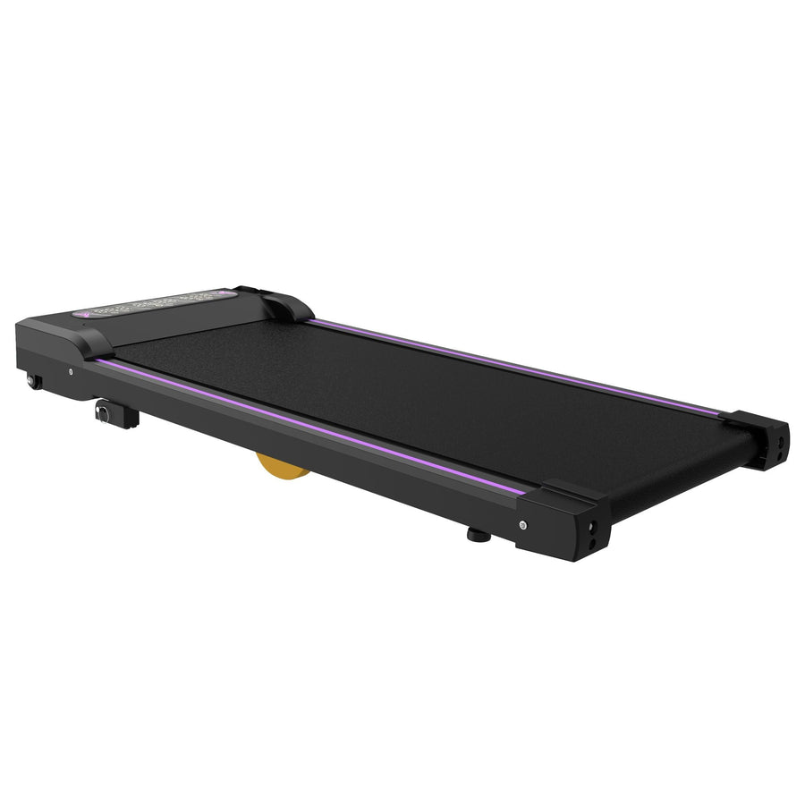 Berry Charmz 2-in-1 under desk treadmill with handle, remote control, LED display, black portable walking and jogging machine.