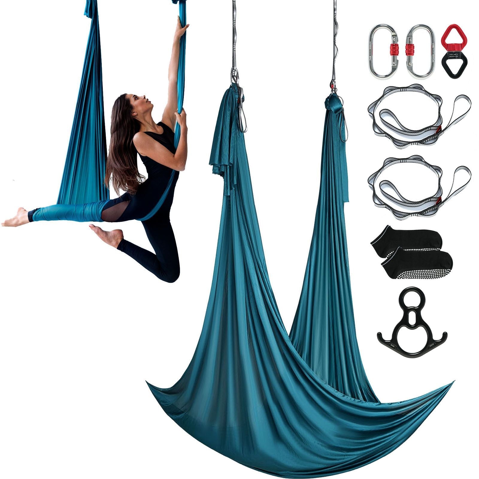 Green aerial silk and yoga swing by Berry Charmz, 11 yards nylon hammock with rigging hardware for aerial yoga and fitness.
