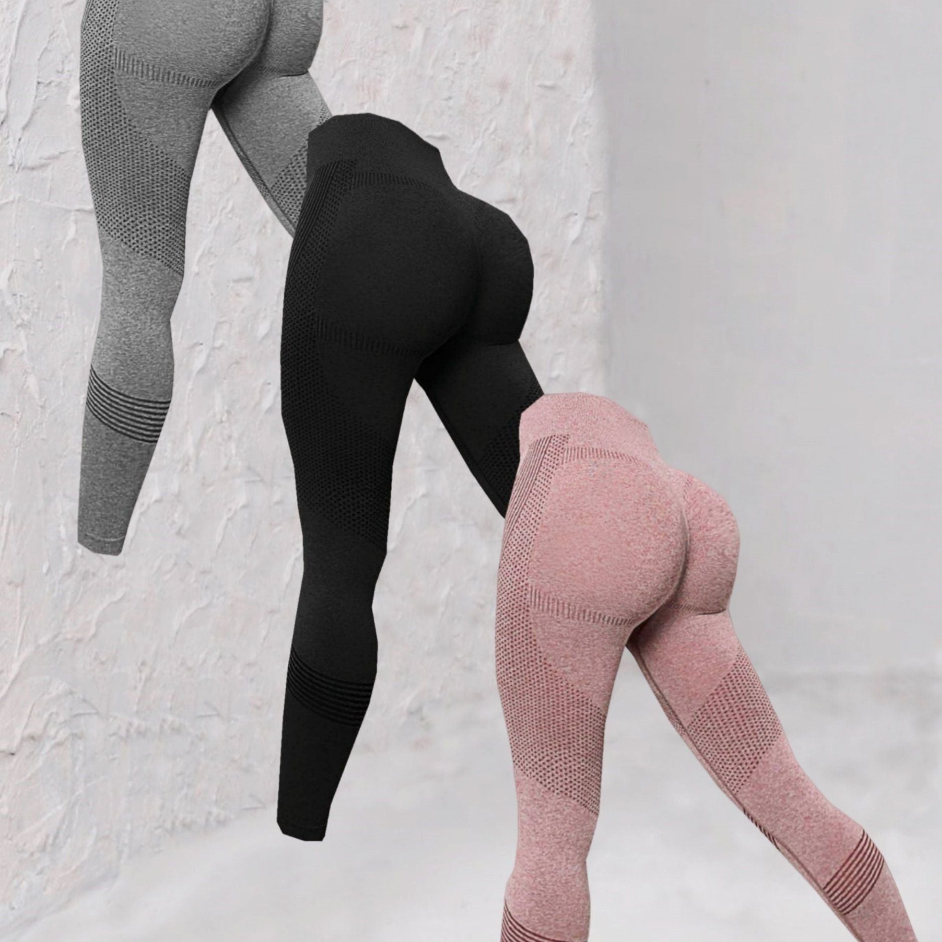 Three pairs of Berry Charmz seamless striped yoga leggings for women, high stretch slim fit activewear for workout and gym activities.