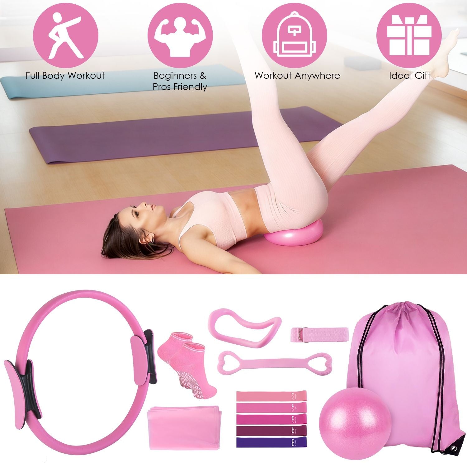 Set of Berry Charmz Pilates ring essentials kit with yoga ball, arm stretcher, resistance bands, elastic bands, non-slip socks, and yoga strap.