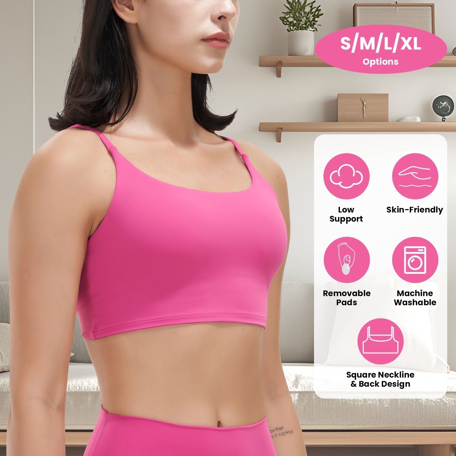 Berry Charmz women sport bras, padded, strappy crop top with square neck and low-impact support, shown in a fitness setting.