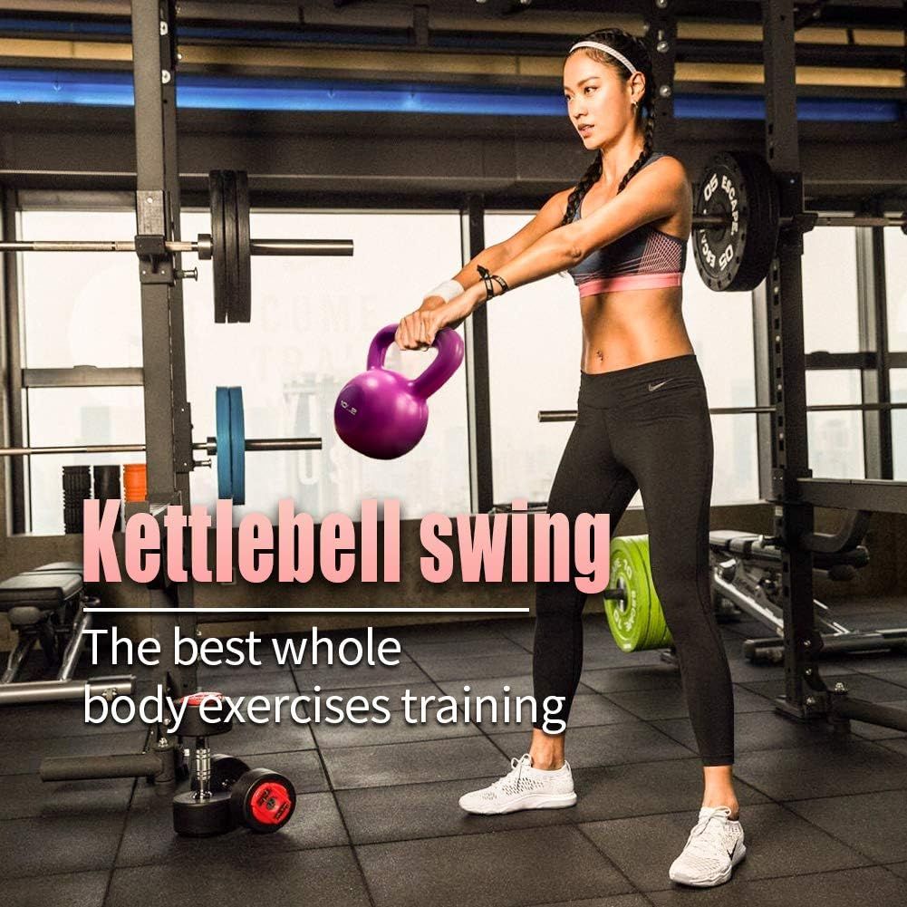 Vinyl-coated 10lbs kettlebell with wide handle and comfortable grip, ideal for women’s strength training and home gym workouts.