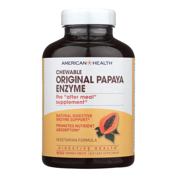 Berry Charmz American Health Papaya Enzyme Chewable tablets in a bottle with 600 tablets, showing the supplement packaging and tablets inside.