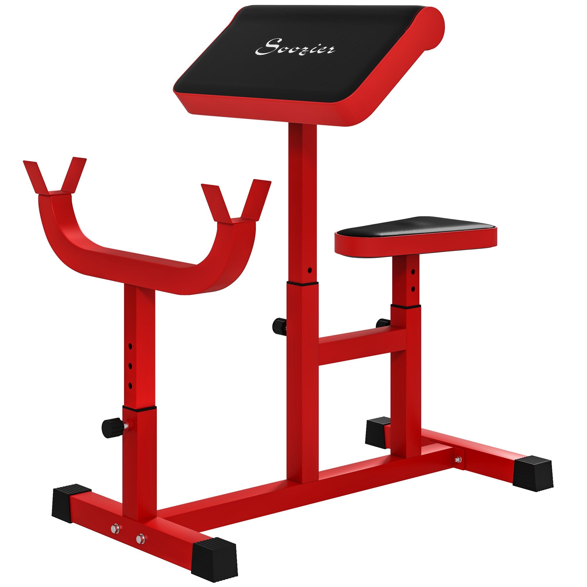 Red Berry Charmz preacher curl bench with adjustable seat for bicep workouts, barbell and dumbbell support for strength training.