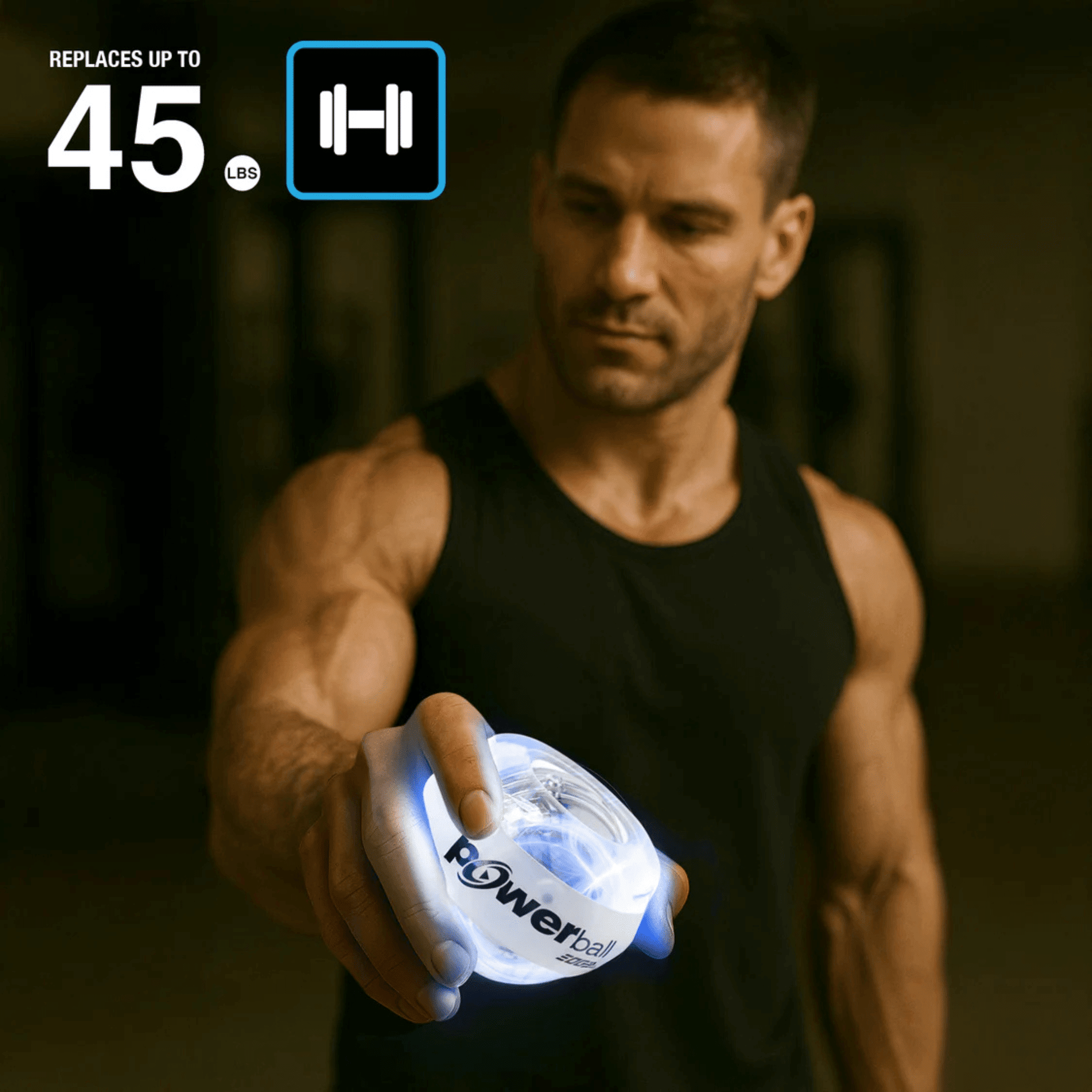 Berry Charmz DFX Powerball Platinum Edition resistance trainer with blue grip and digital counter for strength training exercises.