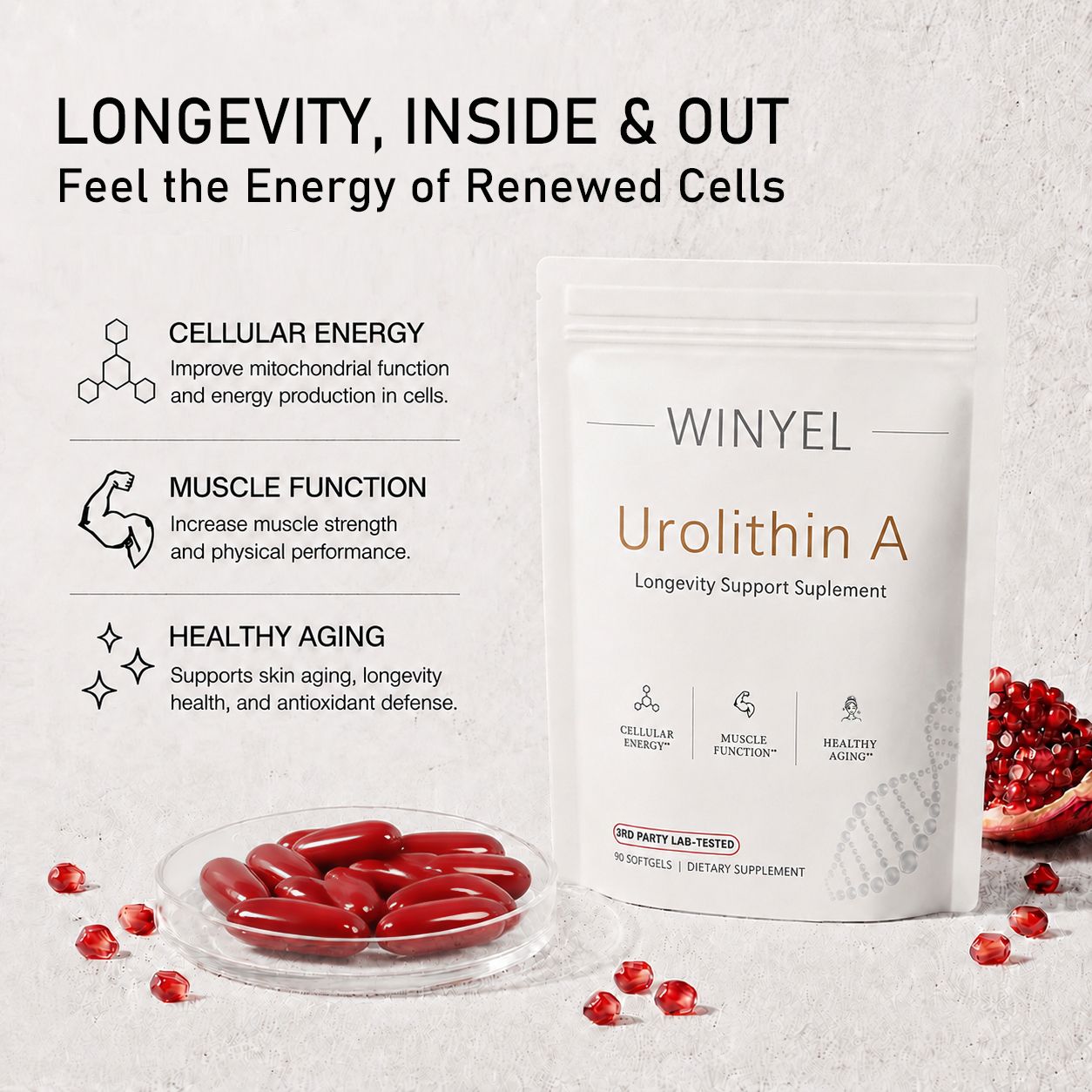 Berry Charmz Urolithin A supplement softgels labeled 500mg for cellular renewal and healthy aging in a clear bottle.