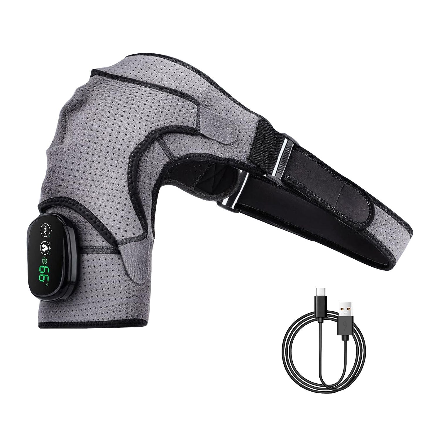 Berry Charmz cordless heated shoulder wrap with adjustable support, three heating levels, and vibration modes for left or right shoulder.