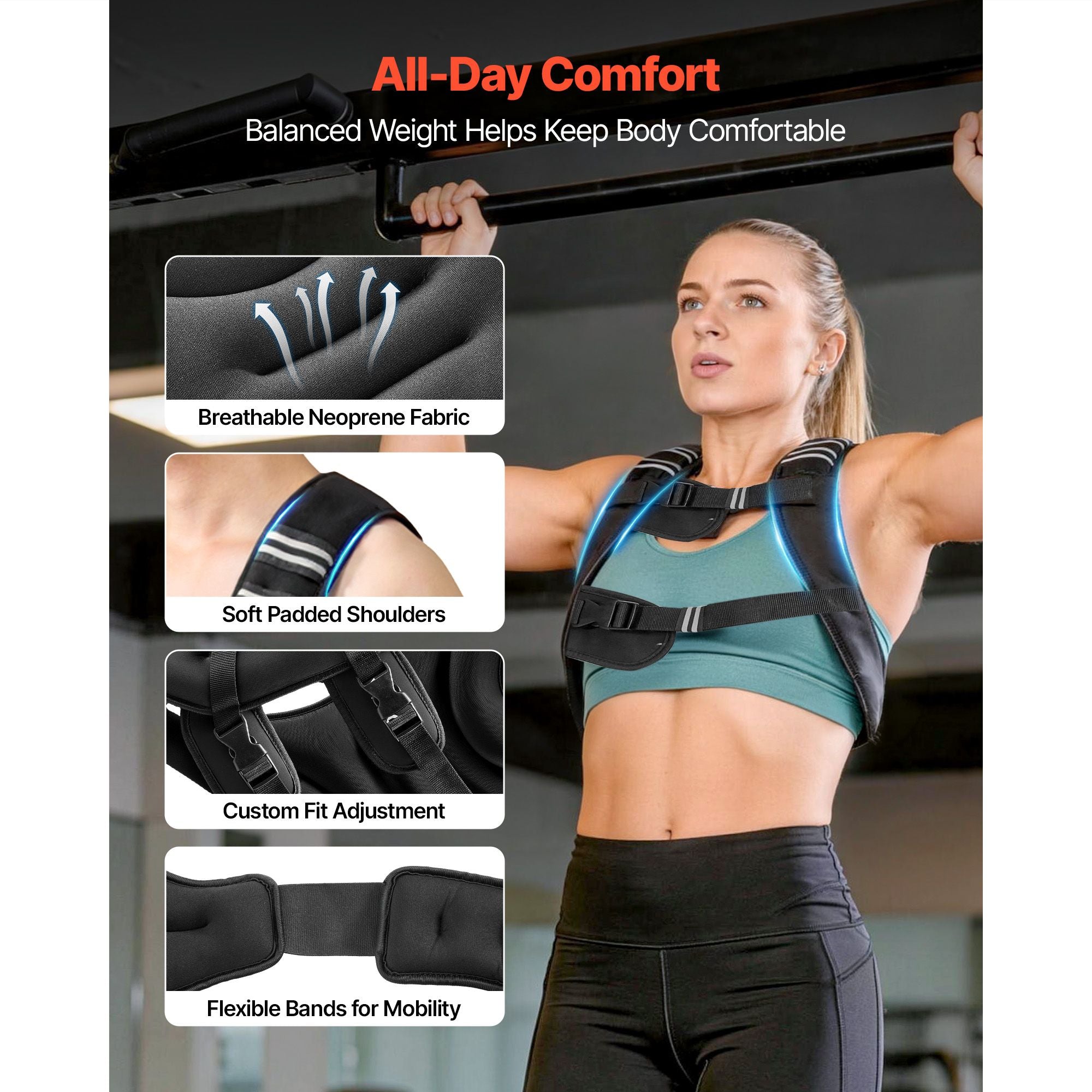 Weighted vest for men and women with reflective stripe, adjustable buckle, used for strength training, running, and fitness exercises.