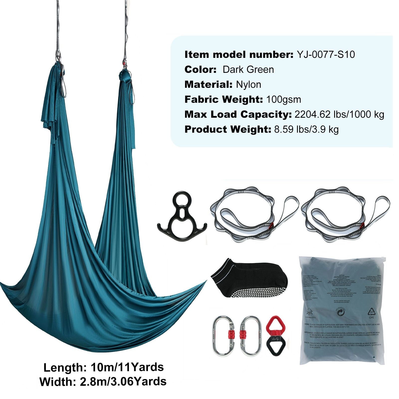 Green aerial silk and yoga swing kit with nylon fabric, rigging hardware, and setup guide for aerial yoga and fitness workouts.