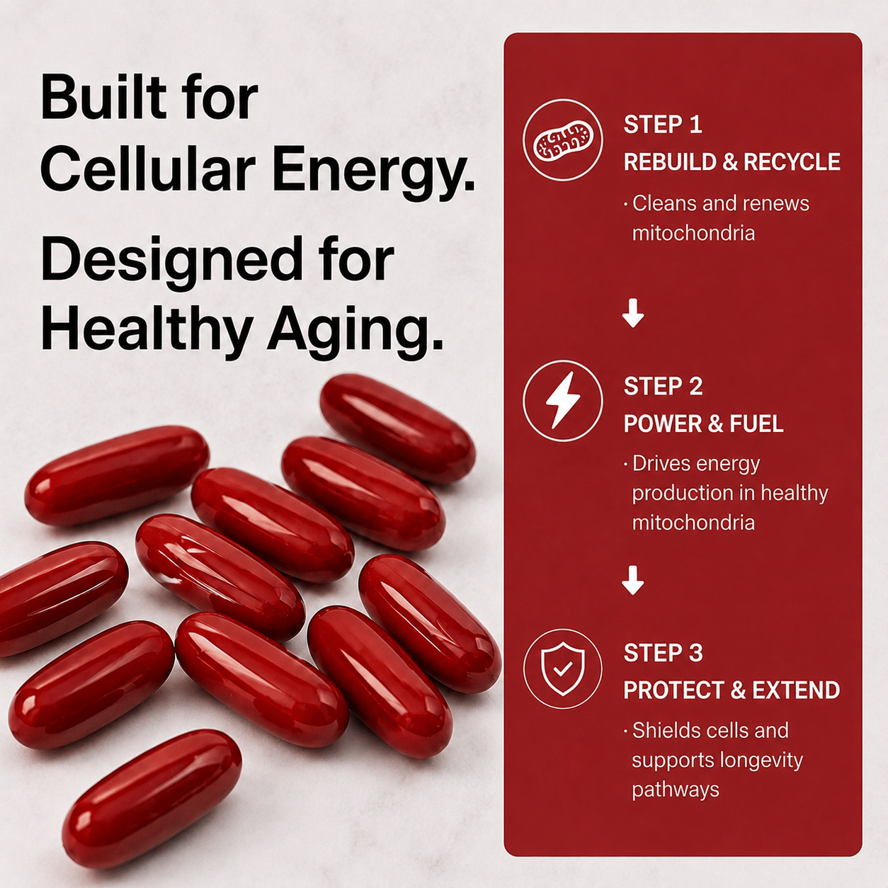 Berry Charmz Urolithin A supplement softgels, 500mg for cellular renewal and healthy aging, shown in a close-up image.