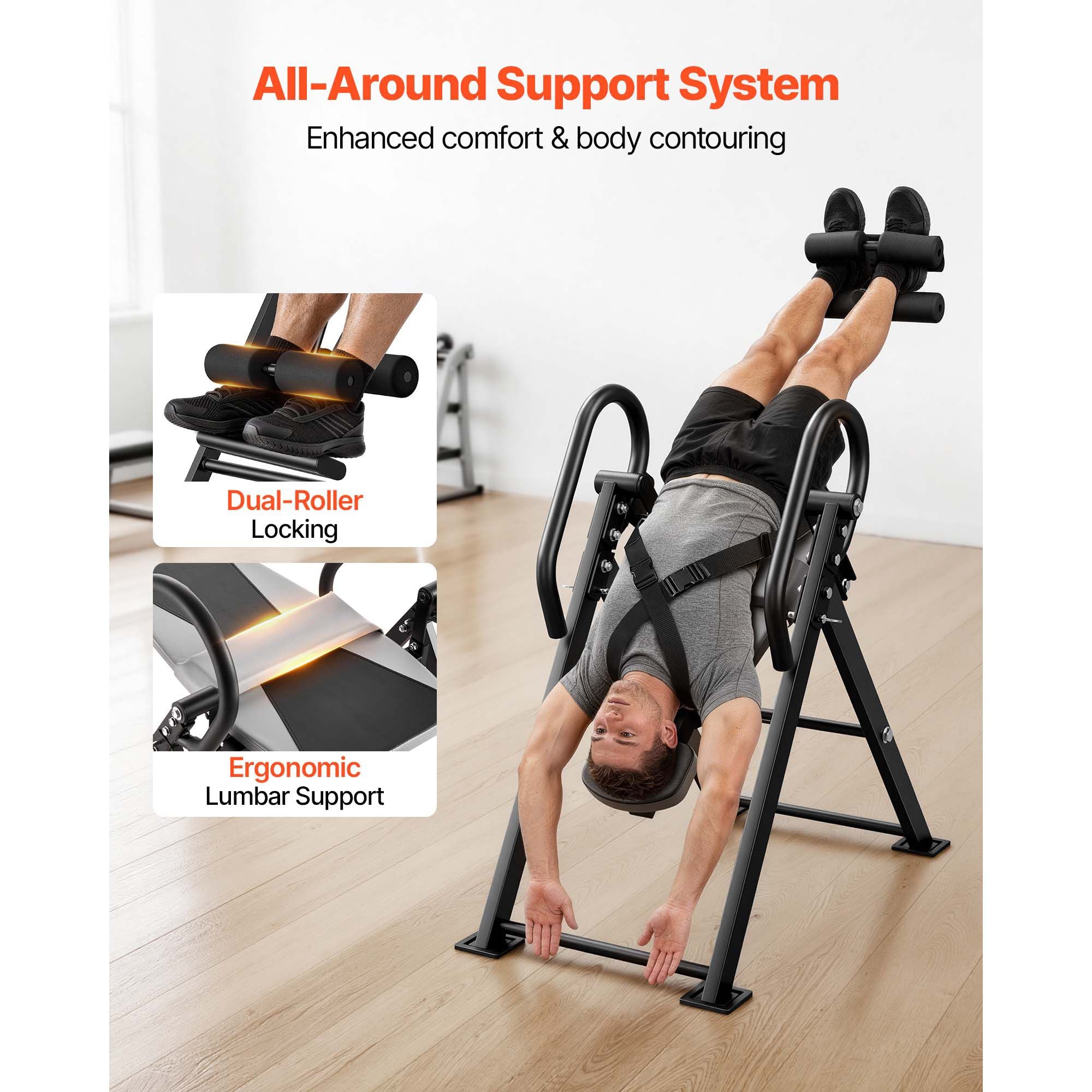 Berry Charmz heavy-duty inversion table with stable structure, dual-locking rollers, for back, shoulders, neck, and knee decompression.