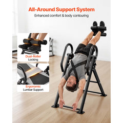 Foldable Berry Charmz inversion table for back pain relief, supports up to 300 lbs with adjustable straps and padded backrest.
