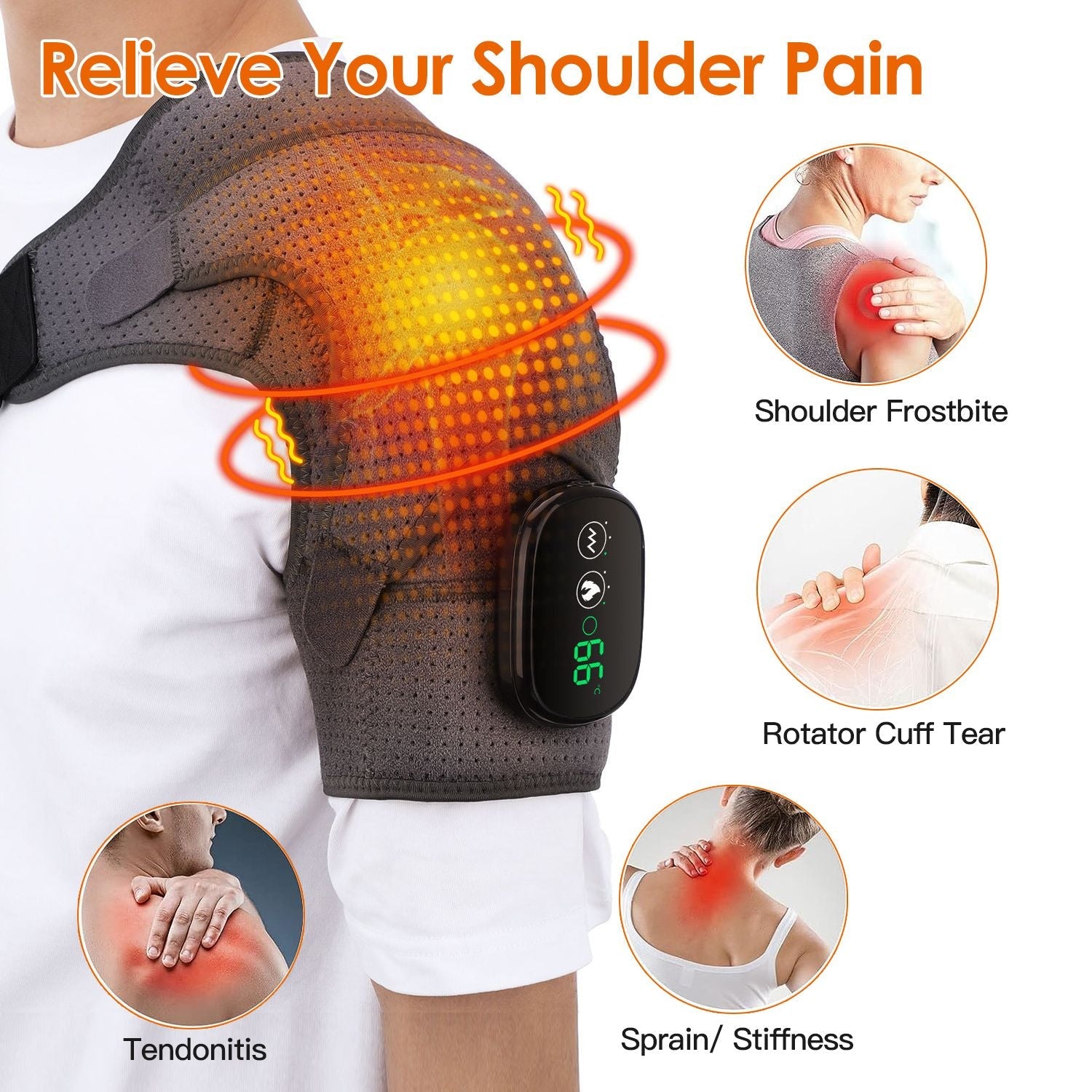 Berry Charmz cordless shoulder heating pad with adjustable heat and vibration modes, designed for left or right shoulder support.