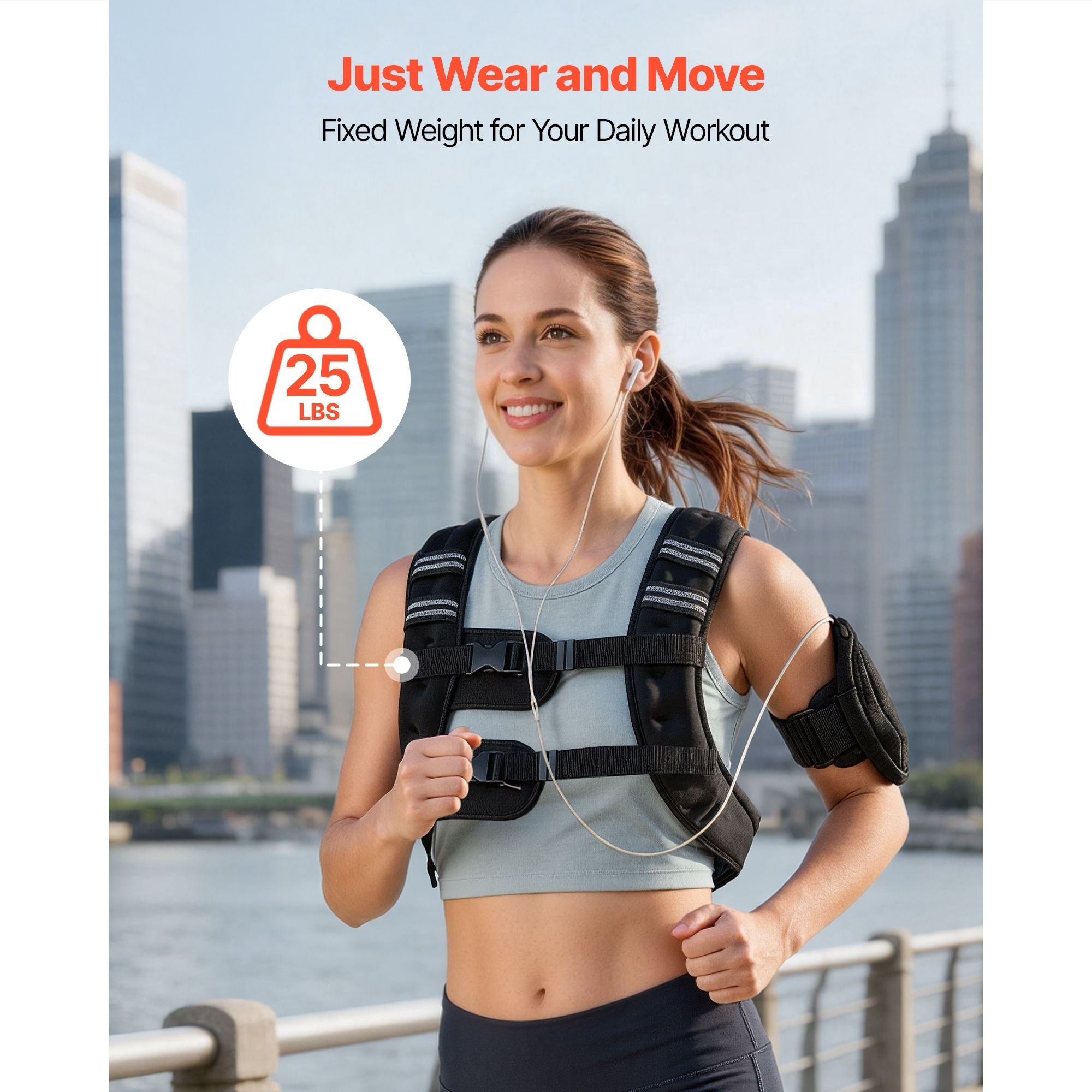 Berry Charmz 25 lb weighted vest with reflective stripe, adjustable buckle, ideal for strength training, running, and fitness.