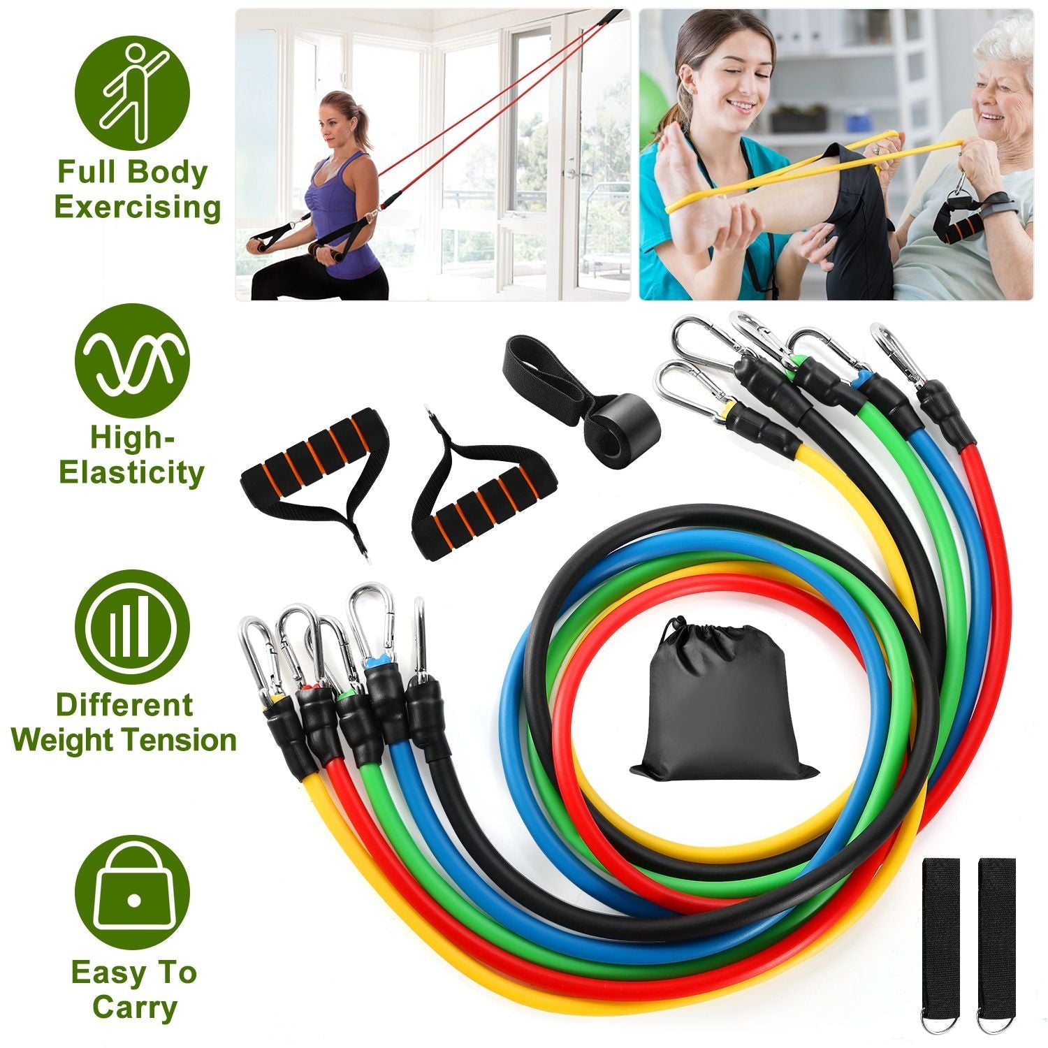 Berry Charmz 11-piece resistance band set with handles, door anchor, ankle straps, ideal for yoga, Pilates, and physical training.