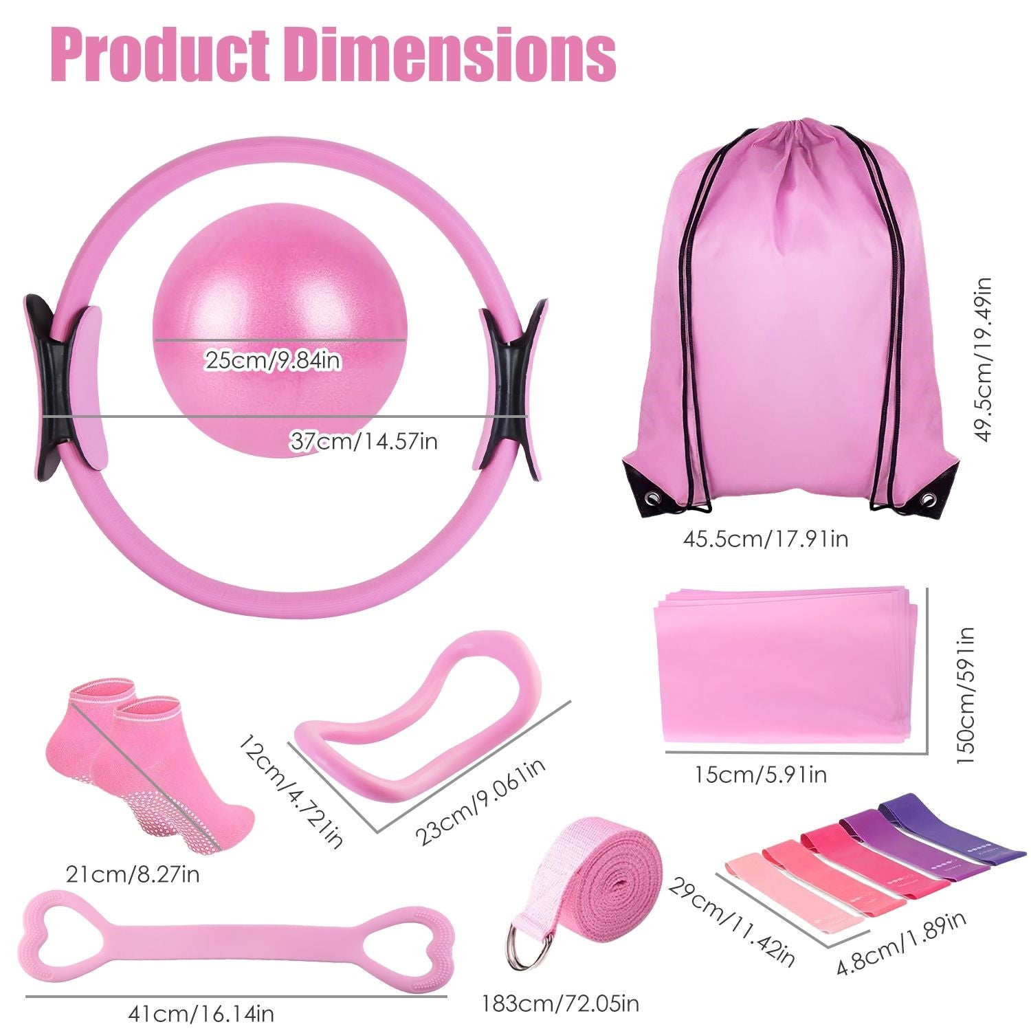 Berry Charmz 14-piece Pilates ring essentials kit with yoga ball, arm stretcher, resistant bands, figure 8 band, elastic bands, and non-slip socks