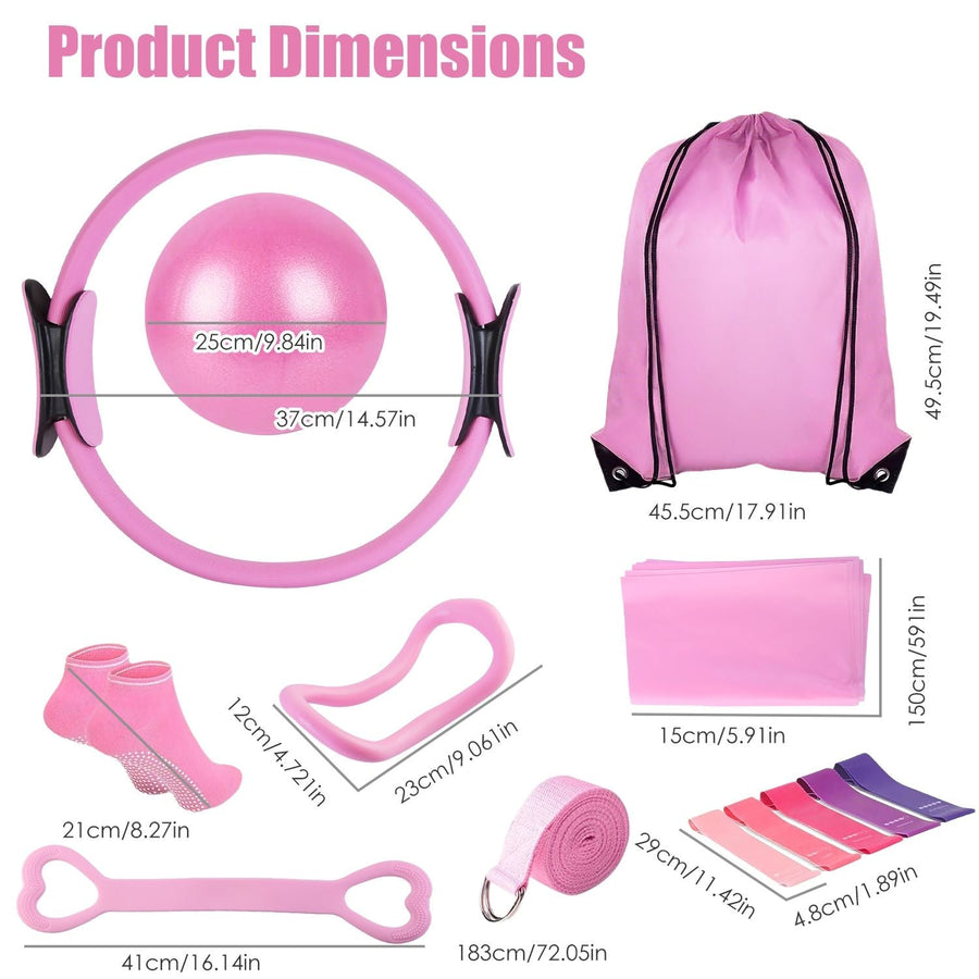 Berry Charmz 14-piece Pilates ring essentials kit with yoga ball, arm stretcher, resistant bands, figure 8 band, elastic bands, and non-slip socks