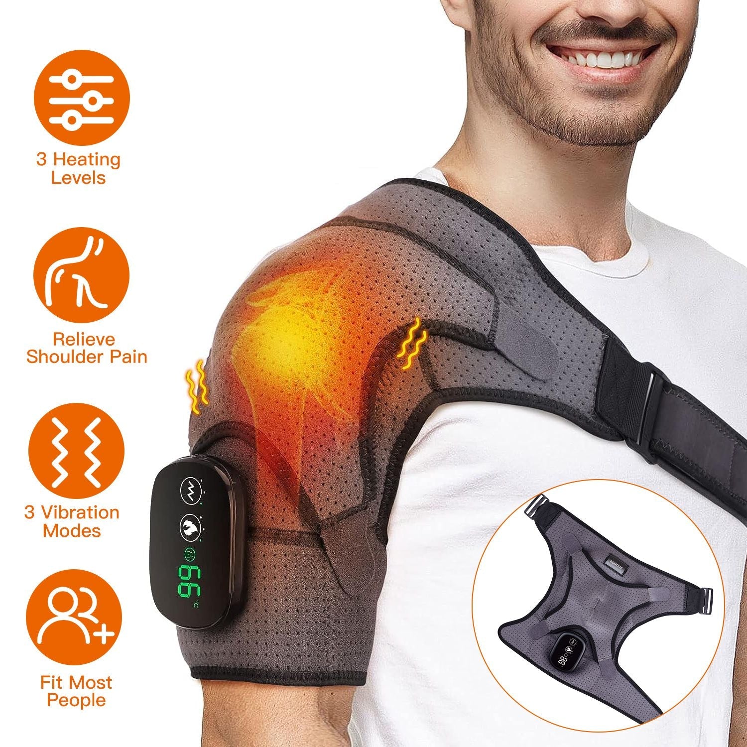 Berry Charmz cordless rechargeable shoulder heating pad with massager, supports, three heat and vibration modes for left or right shoulder.