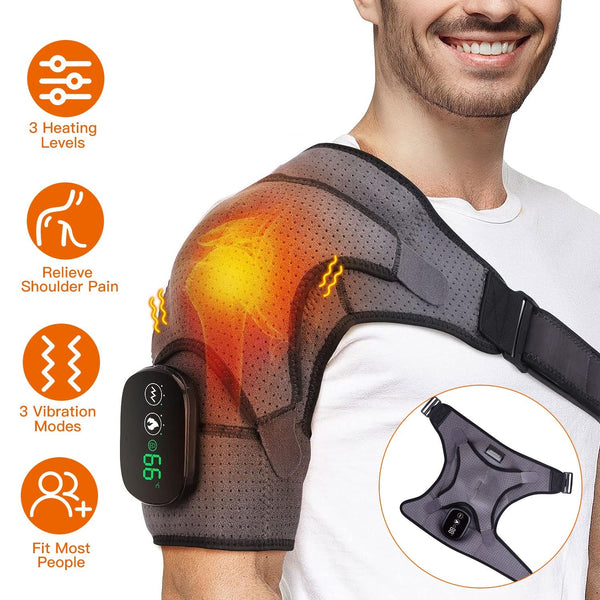 Berry Charmz cordless rechargeable shoulder heating pad with massager, supports, three heat and vibration modes for left or right shoulder.