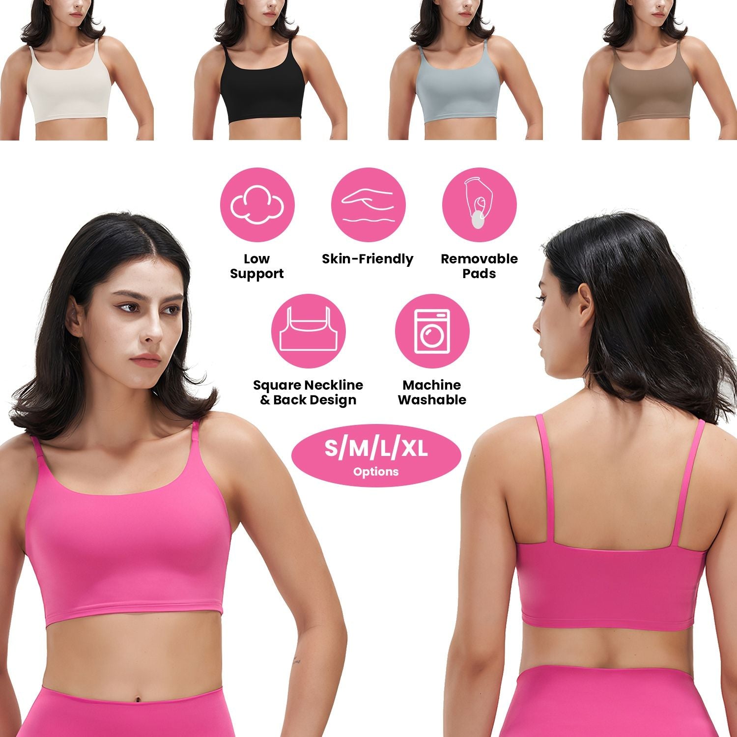 Berry Charmz women's strap sport bras with padded, strappy design, square neck, and low impact fit, shown as sexy fitness tank tops.