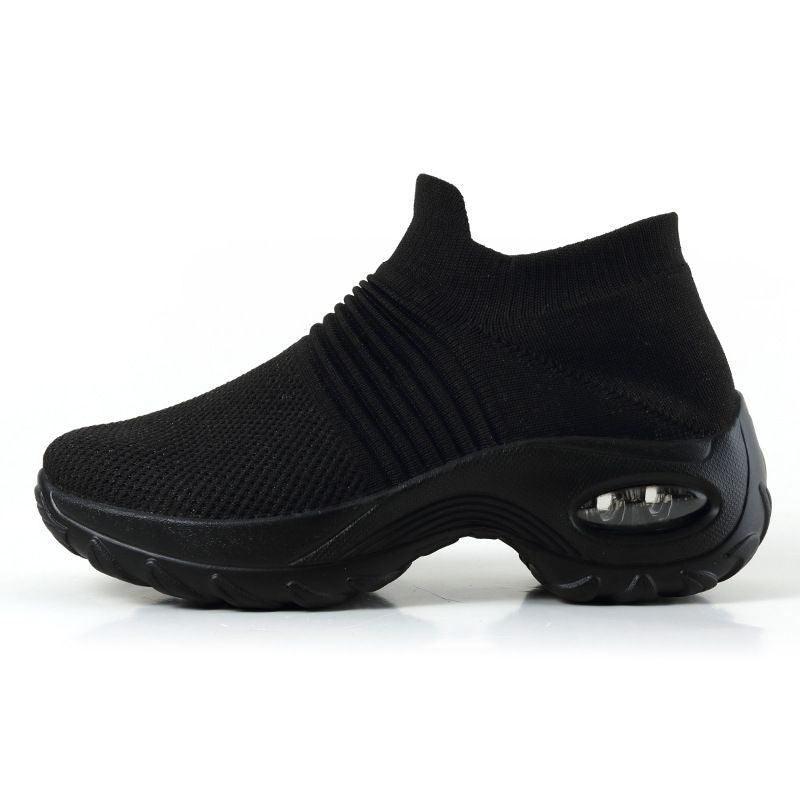 Berry Charmz Hypersoft Women’s orthopedic sneakers with platform in white, black, and red, designed for casual walking and comfort.