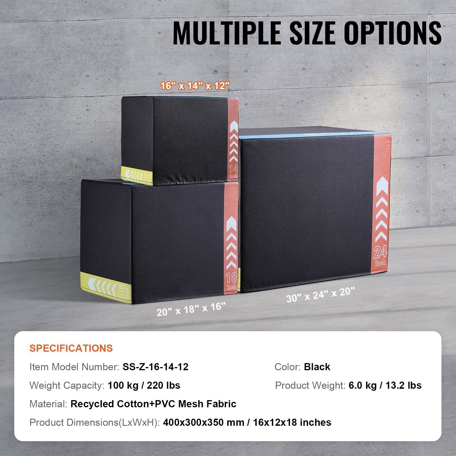 Black 3-in-1 plyometric jump box by Berry Charmz with 16, 14, and 12-inch heights, anti-slip surface for home gym workouts.