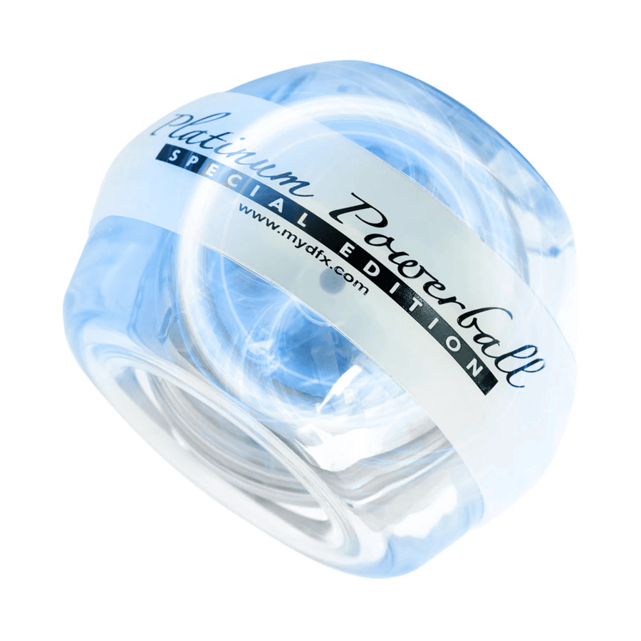 Berry Charmz DFX Powerball Platinum Edition resistance trainer with blue grip and ball for hand exercise and strengthening.