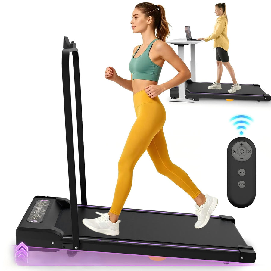 Black Berry Charmz under desk treadmill with LED display, handle, remote control, and compact design for home and office use.