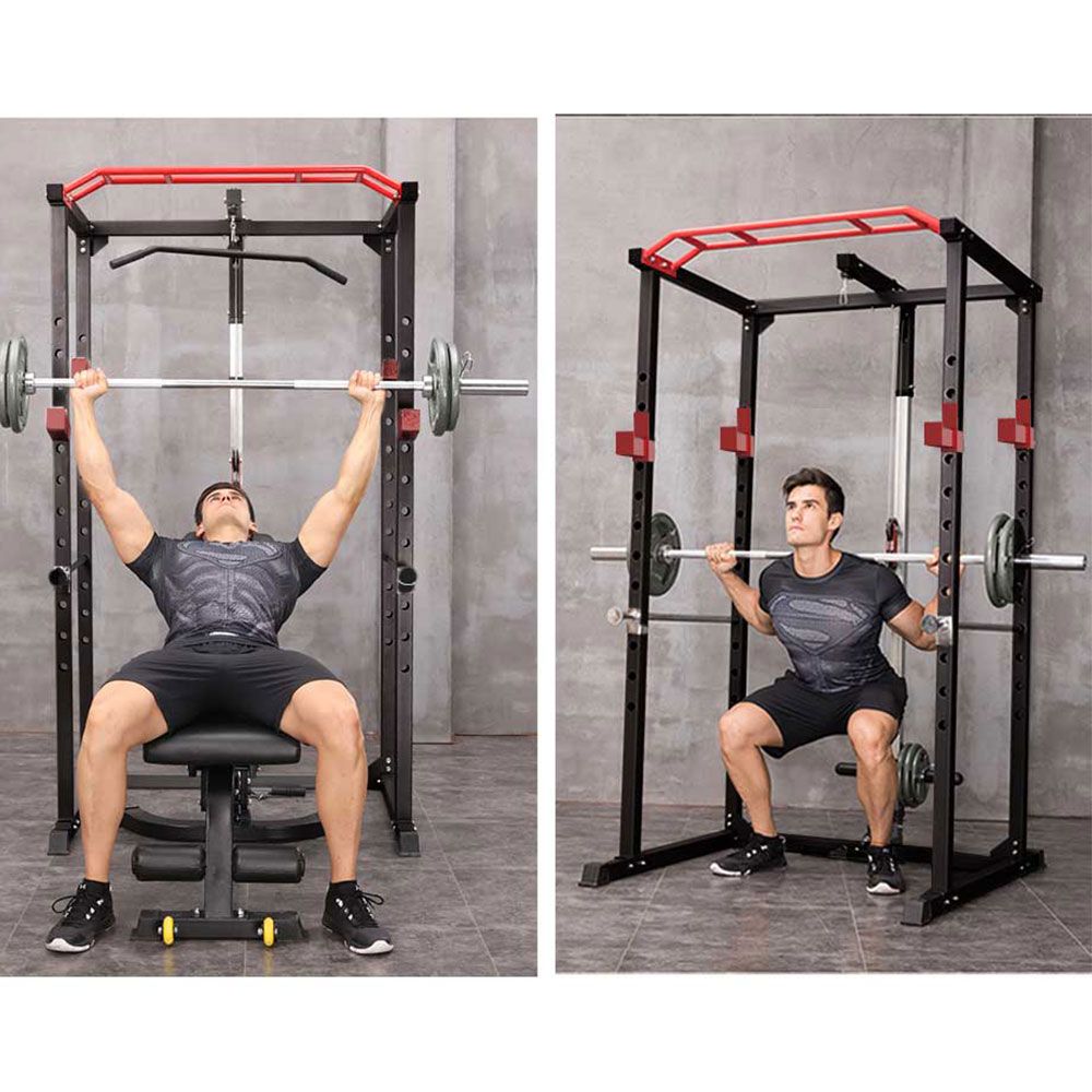 Berry Charmz multi-functional power cage with adjustable pull-up bar, squat rack, and barbell supports for comprehensive home fitness.
