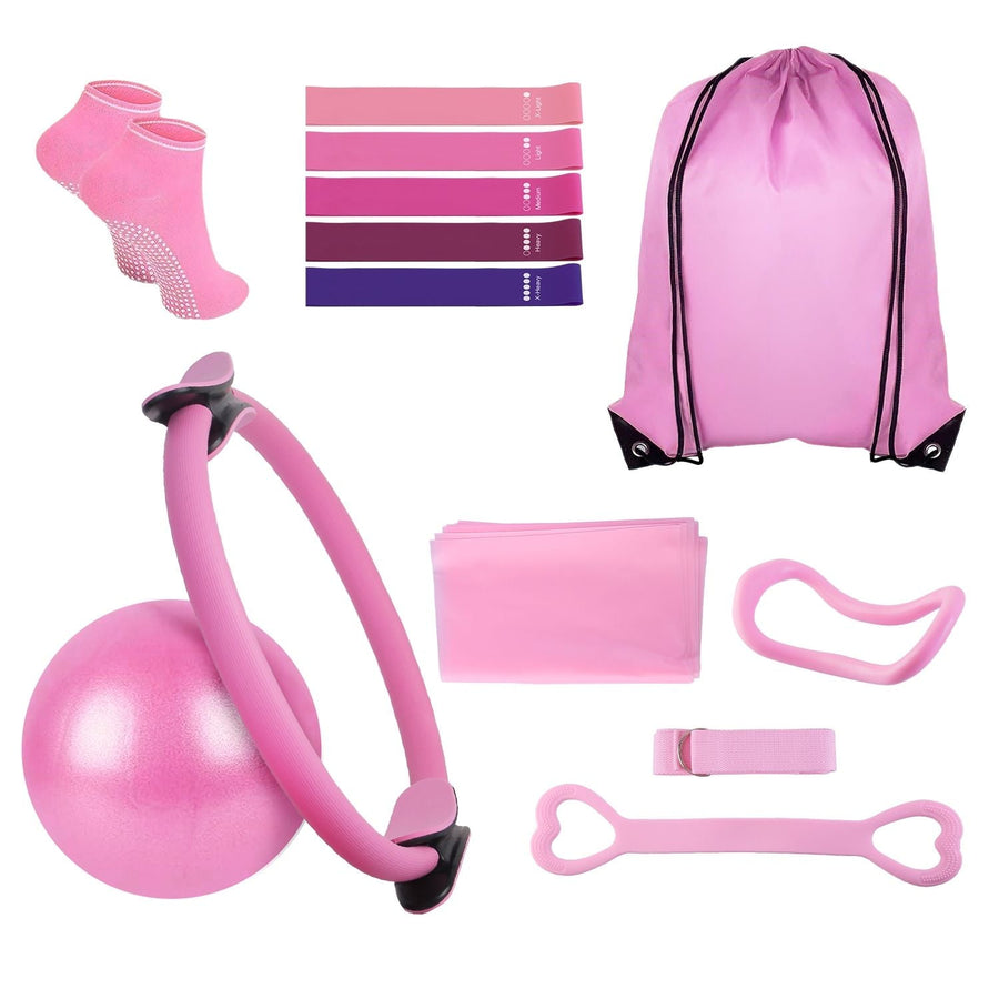 Berry Charmz 14-piece Pilates ring kit includes yoga ball, arm stretcher, resistant bands, elastic bands, non-slip socks, and yoga strap.