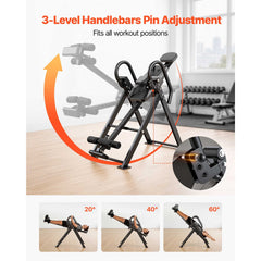 Foldable Berry Charmz inversion table for back pain relief, supports up to 300 lbs, shown in a foldable, secure position