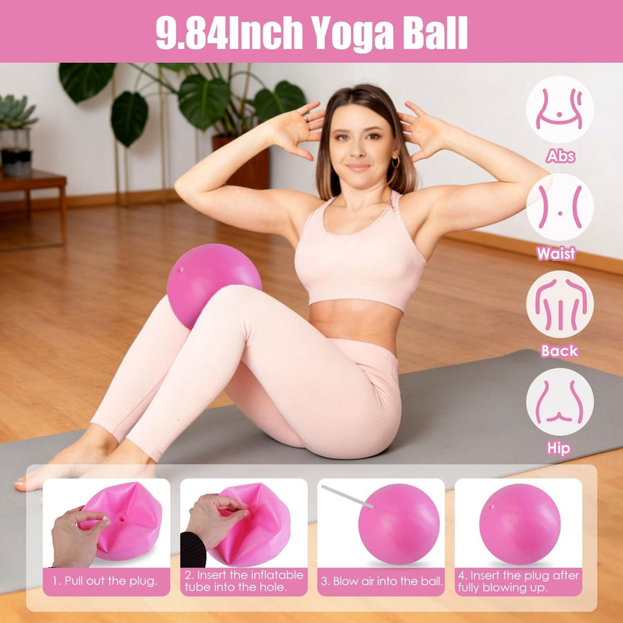 Berry Charmz 14-piece Pilates ring essentials kit includes yoga ball, resistant bands, arm stretcher, figure 8 band, and non-slip socks.