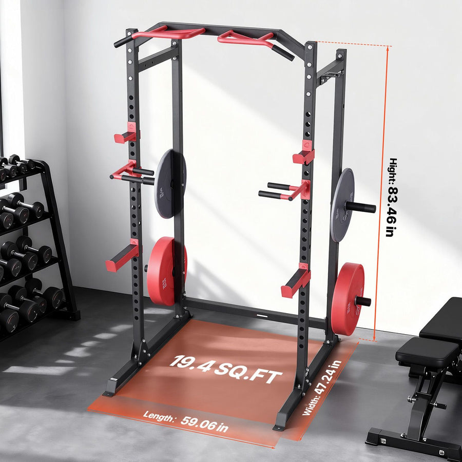 Berry Charmz Power Cage Power Rack with adjustable height, J-hooks, pull-up bar, and accessories for home gym strength training.