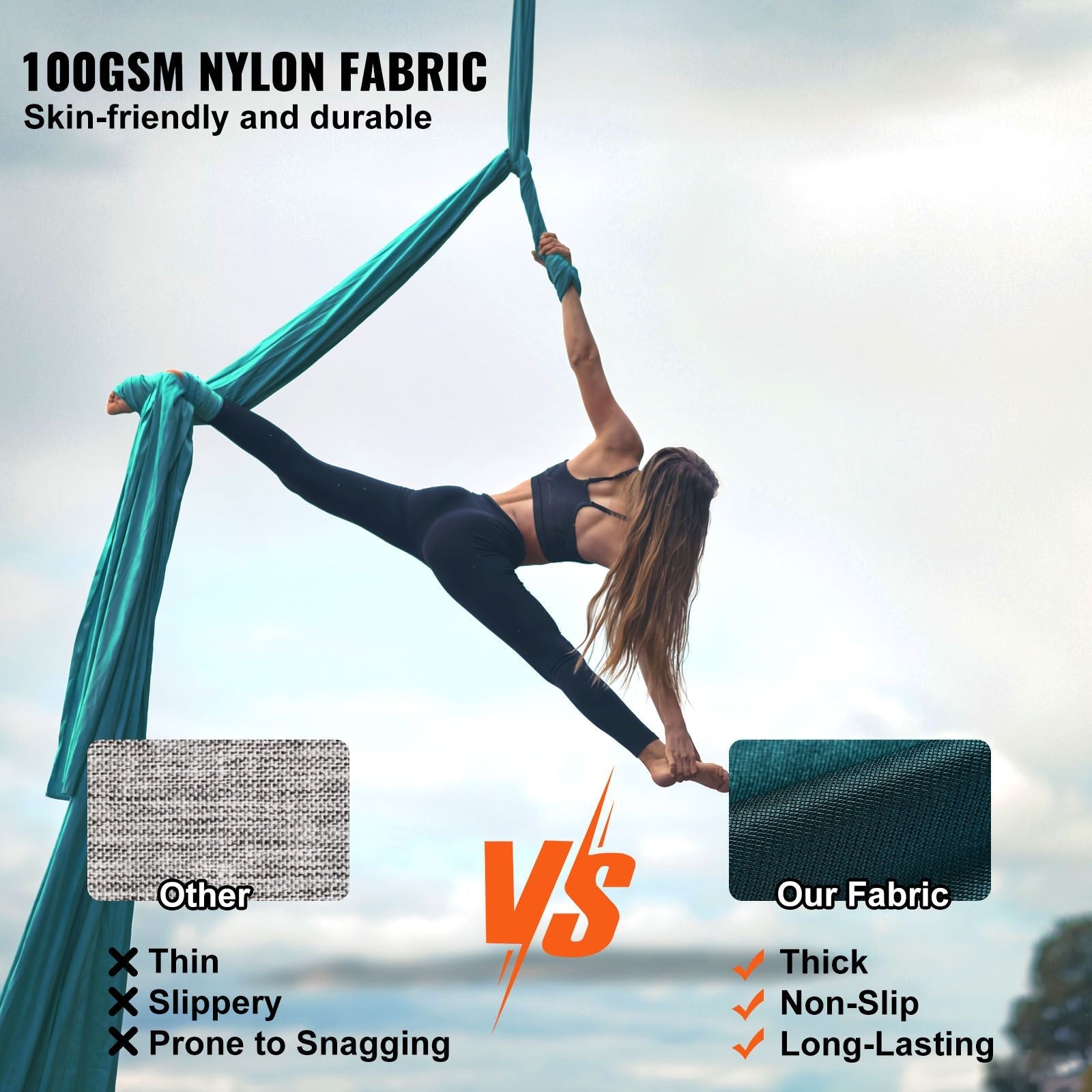Green aerial silk and yoga swing kit with nylon fabric, rigging hardware, and set-up guide for aerial yoga and antigravity exercises.