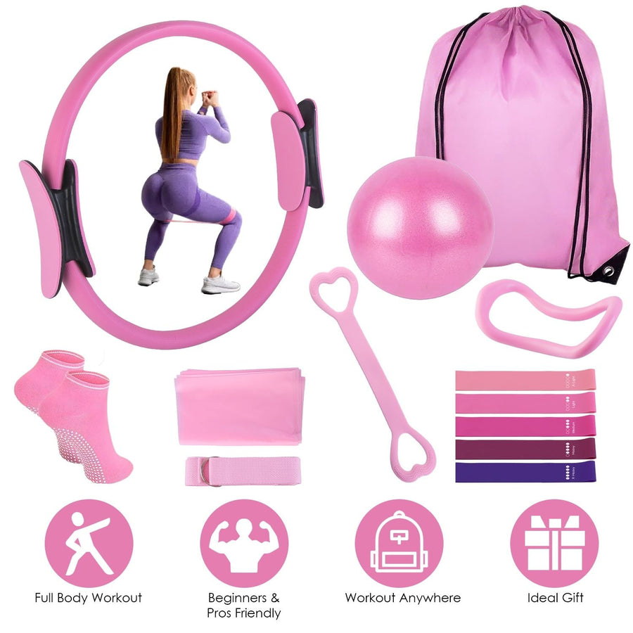 Berry Charmz 14-piece Pilates and yoga accessories kit includes a Pilates ring, yoga ball, resistant bands, arm stretcher, and non-slip socks.