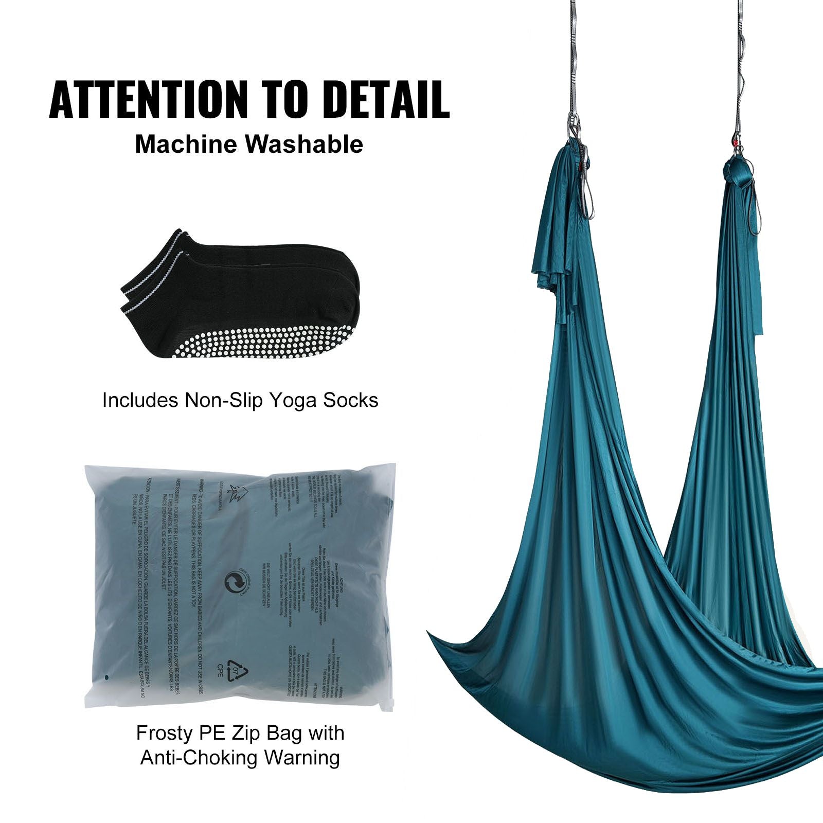 Aerial silk and yoga swing kit with green nylon fabric, rigging hardware, and setup guide, suitable for aerial yoga and fitness.