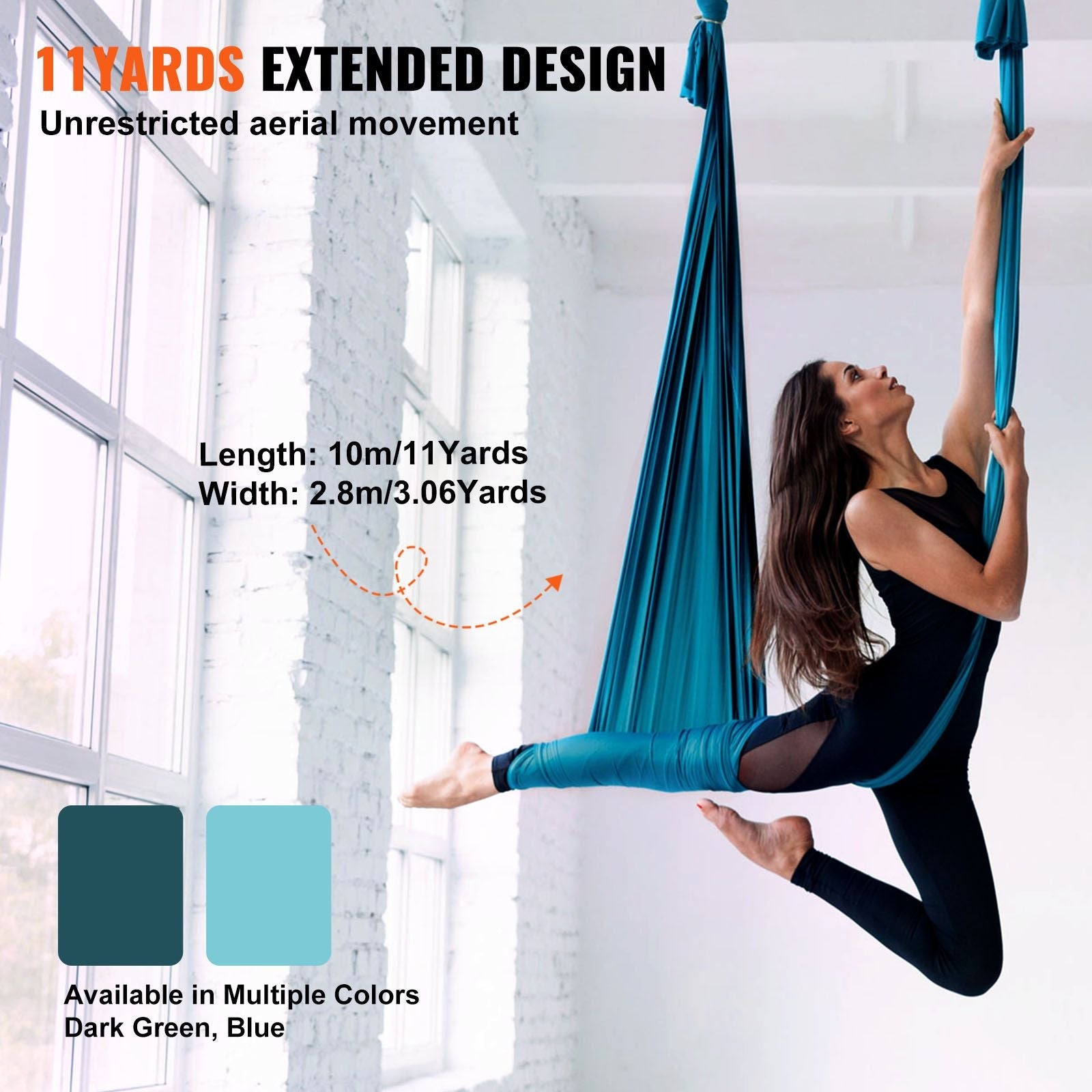 Green aerial silk and yoga swing kit with nylon fabric, rigging hardware, and setup guide for aerial yoga and antigravity exercises.