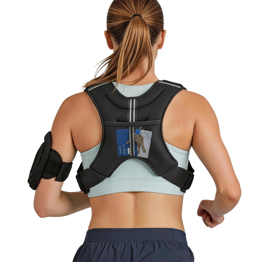 Weighted vest with reflective stripe and adjustable buckle, designed for men and women for strength training, running, and fitness.