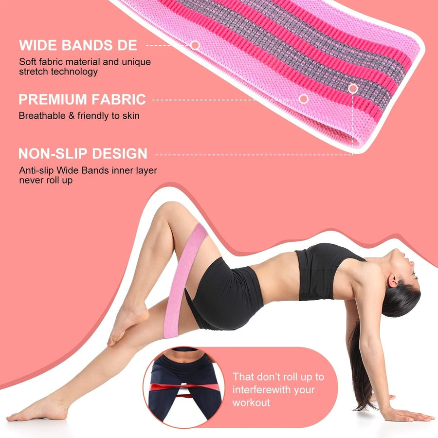 Three Berry Charmz resistance bands for legs and butt, used for home yoga, exercise, and fitness workouts.