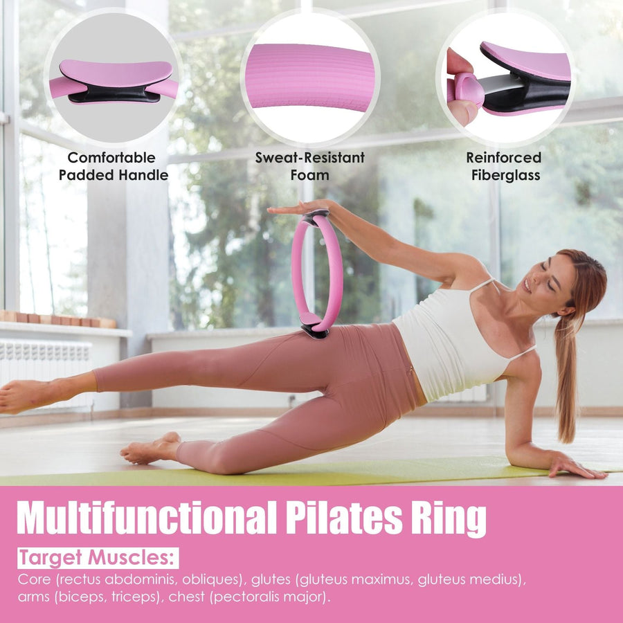 Berry Charmz 14-piece Pilates ring essentials kit includes yoga ball, arm stretcher, resistant bands, elastic bands, non-slip socks, and yoga strap.