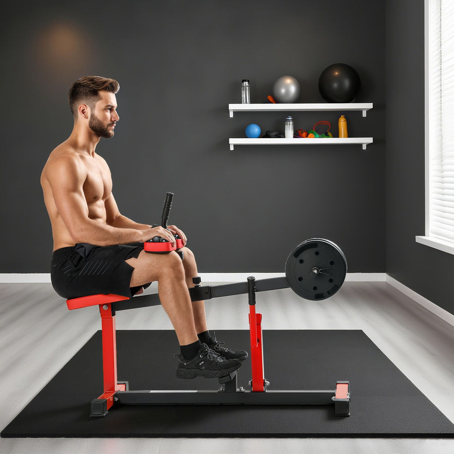 Red adjustable steel seated calf raise machine by Berry Charmz for strength training and gym exercise.