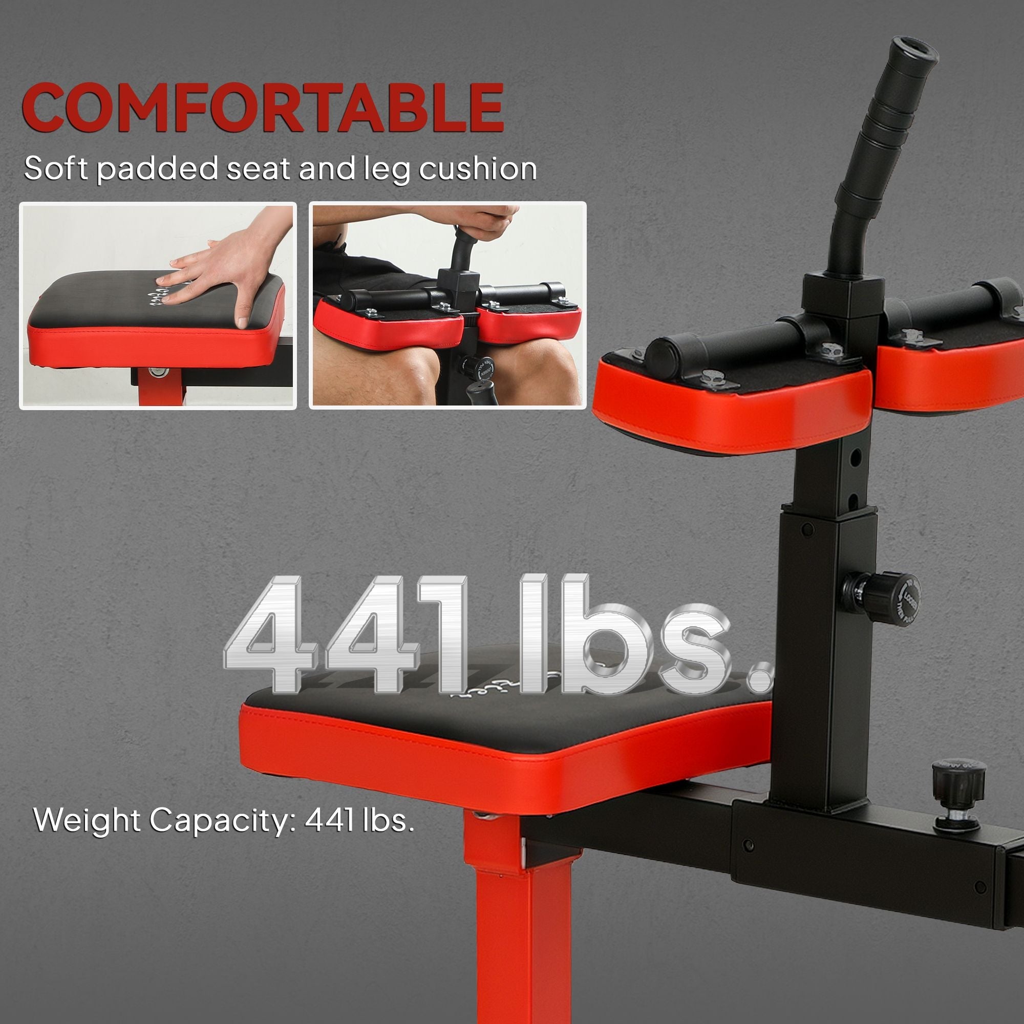 Adjustable steel seated calf raise machine with red padding, designed for strength training and gym exercises by Berry Charmz.