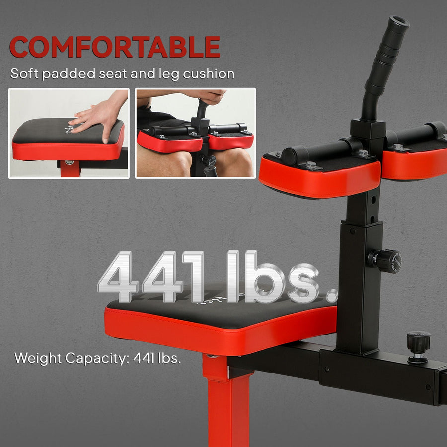 Adjustable steel seated calf raise machine with red padding, designed for strength training and gym exercises by Berry Charmz.
