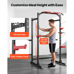 Berry Charmz power cage with adjustable height, J-hooks, pull-up bar, and weight rack for home gym strength training and squats.