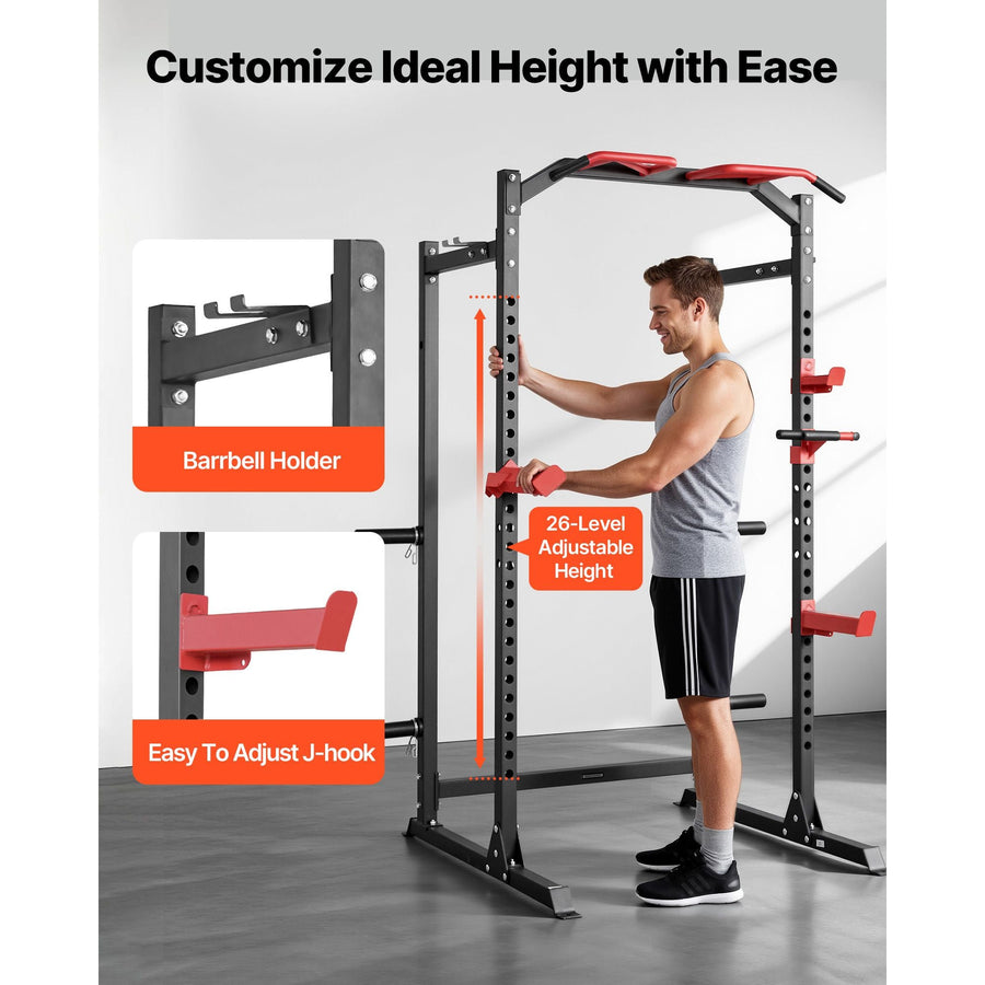 Berry Charmz power cage with adjustable height, J-hooks, pull-up bar, and weight rack for home gym strength training and squats.