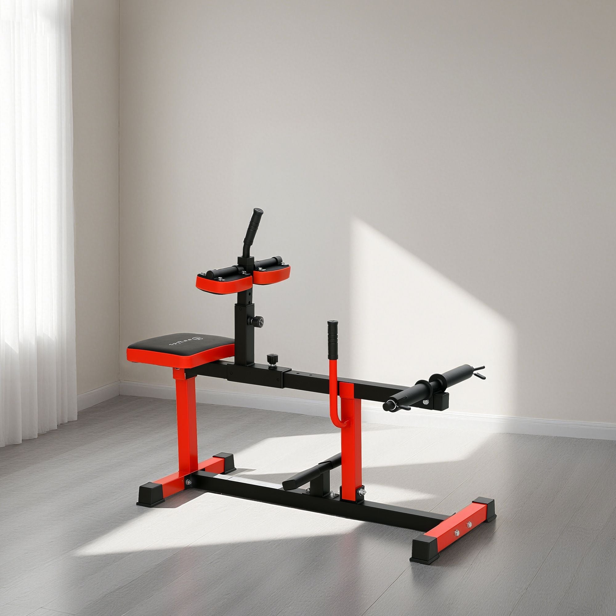 Adjustable steel seated calf raise exercise machine in red for strength training, featuring padded seat and sturdy frame by Berry Charmz.